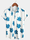 Men's Blue Floral Print Beach Holiday Button Short Sleeve White Lapel Shirt