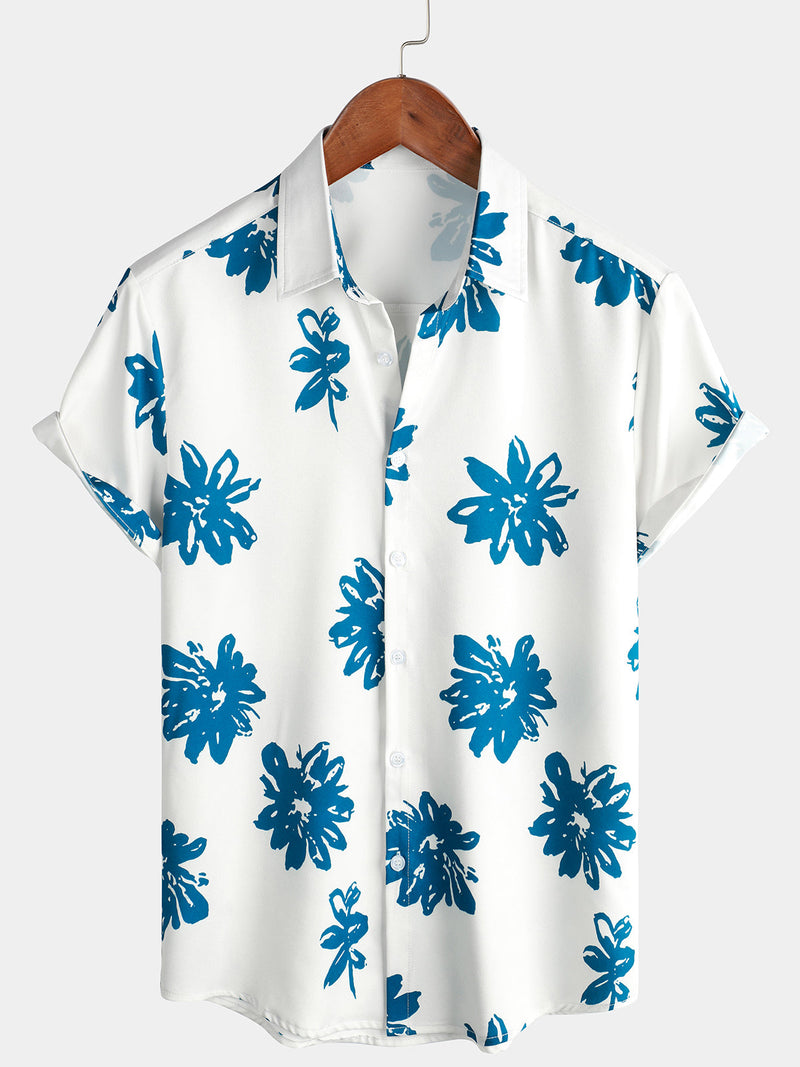 Men's Blue Floral Print Beach Holiday Button Short Sleeve White Lapel Shirt