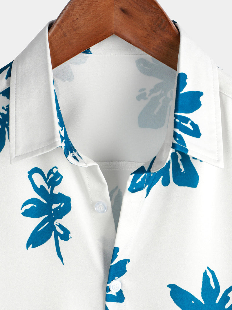 Men's Blue Floral Print Beach Holiday Button Short Sleeve White Lapel Shirt
