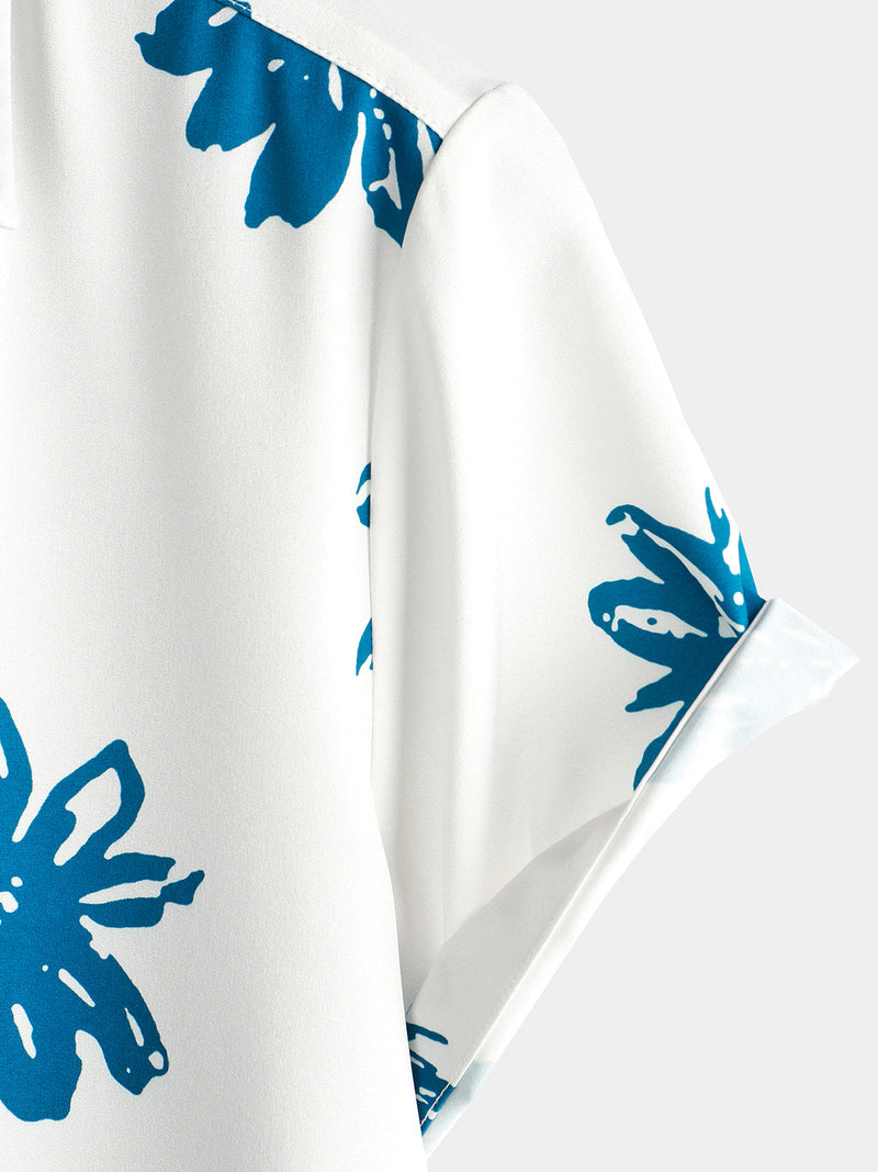 Men's Blue Floral Print Beach Holiday Button Short Sleeve White Lapel Shirt