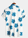 Men's Blue Floral Print Beach Holiday Button Short Sleeve White Lapel Shirt