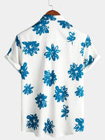 Men's Blue Floral Print Beach Holiday Button Short Sleeve White Lapel Shirt