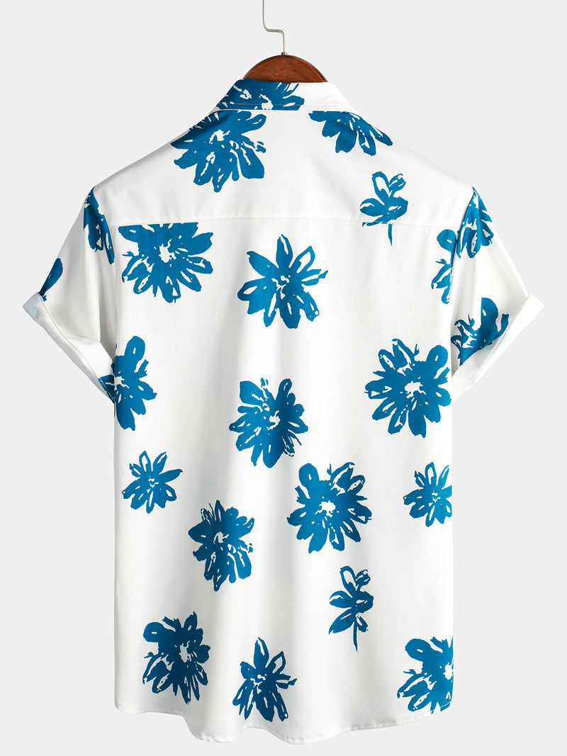 Men's Blue Floral Print Beach Holiday Button Short Sleeve White Lapel Shirt