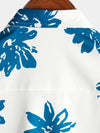 Men's Blue Floral Print Beach Holiday Button Short Sleeve White Lapel Shirt