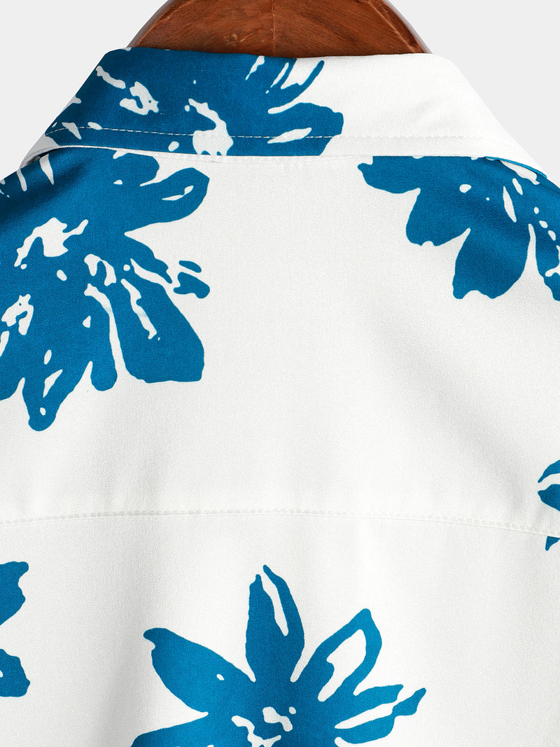 Men's Blue Floral Print Beach Holiday Button Short Sleeve White Lapel Shirt