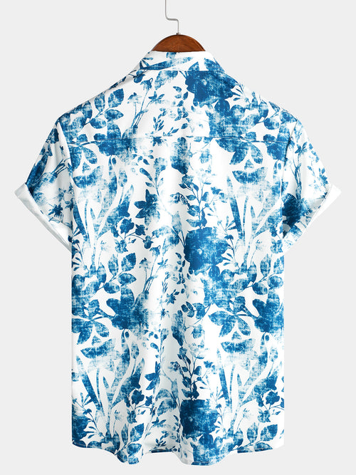 Men's Blue Vintage Floral Cotton Flower Button Up Short Sleeve Shirt
