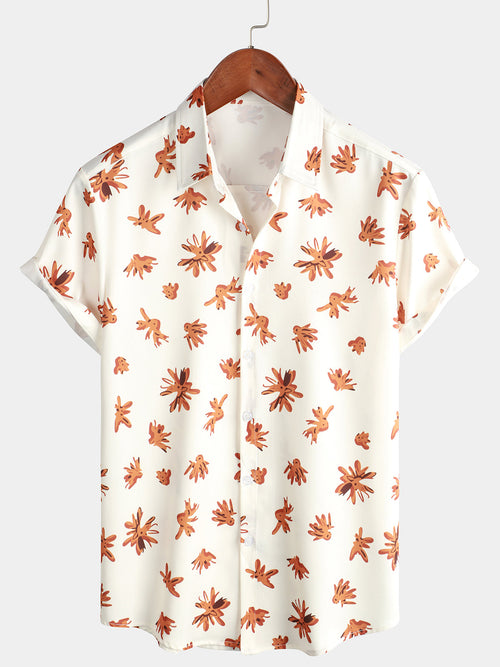 Men's Floral Print Button Up Hawaiian Beach Short Sleeve Beige Shirt