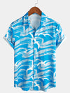 Men's Blue Waves Ocean Print Summer Party Button Hawaiian Holiday Short Sleeve Shirt