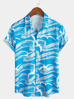 Men's Blue Waves Ocean Print Summer Party Button Hawaiian Holiday Short Sleeve Shirt