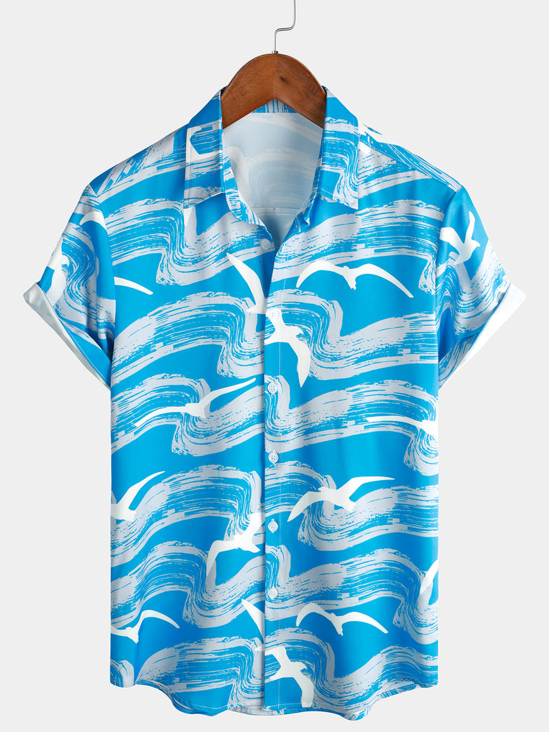 Men's Blue Waves Ocean Print Summer Party Button Hawaiian Holiday Short Sleeve Shirt