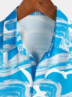 Men's Blue Waves Ocean Print Summer Party Button Hawaiian Holiday Short Sleeve Shirt