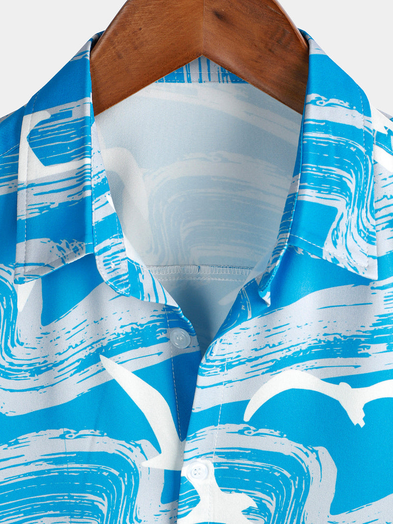 Men's Blue Waves Ocean Print Summer Party Button Hawaiian Holiday Short Sleeve Shirt
