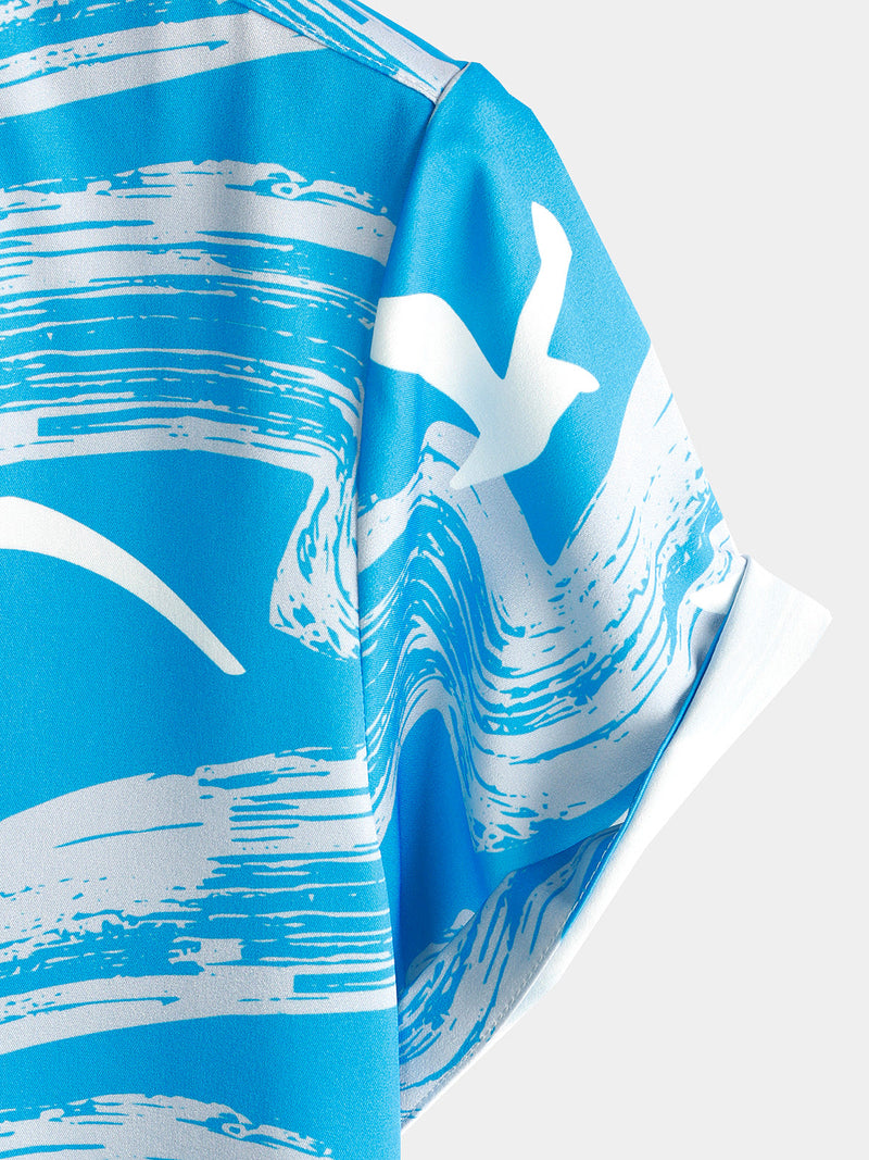 Men's Blue Waves Ocean Print Summer Party Button Hawaiian Holiday Short Sleeve Shirt