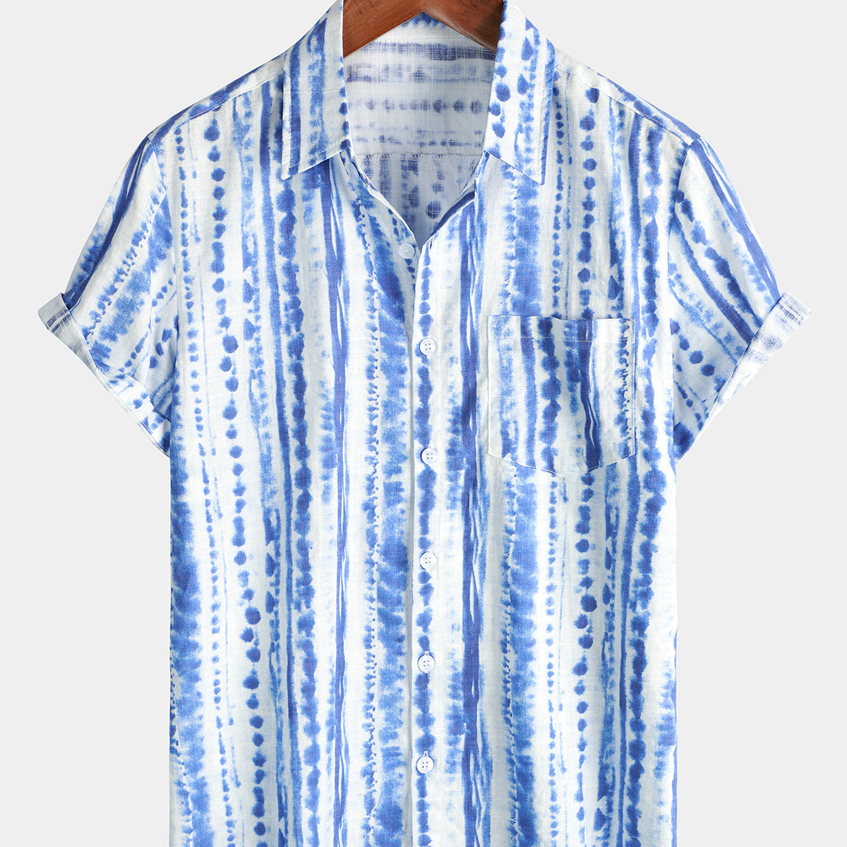 Men's Blue Striped Retro Pocket Vintage Beach 70s Short Sleeve Shirt