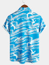 Men's Blue Waves Ocean Print Summer Party Button Hawaiian Holiday Short Sleeve Shirt