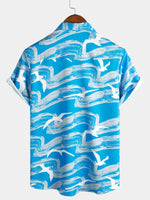 Men's Blue Waves Ocean Print Summer Party Button Hawaiian Holiday Short Sleeve Shirt
