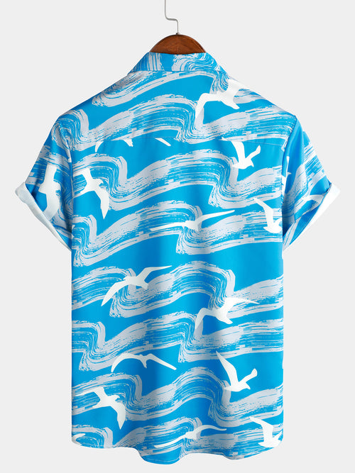Men's Blue Waves Ocean Print Summer Party Button Hawaiian Holiday Short Sleeve Shirt