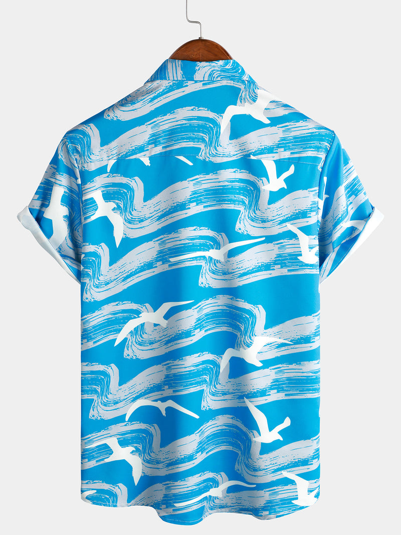 Men's Blue Waves Ocean Print Summer Party Button Hawaiian Holiday Short Sleeve Shirt