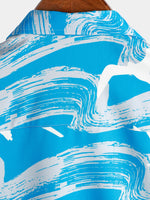 Men's Blue Waves Ocean Print Summer Party Button Hawaiian Holiday Short Sleeve Shirt