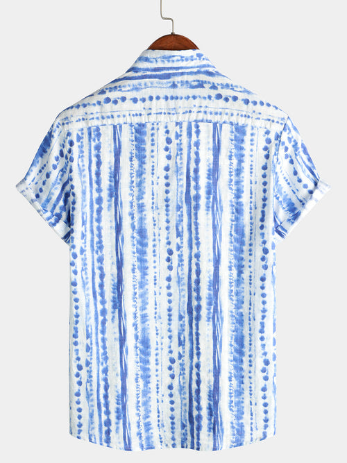 Men's Blue Striped Retro Pocket Vintage Beach 70s Short Sleeve Shirt