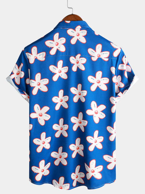 Men's Floral Blue Summer Button Up Cute Flower Short Sleeve Hawaiian Shirt