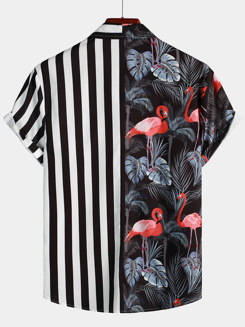 Men's Flamingo & Striped Print Holiday Short Sleeve Shirt
