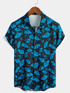Men's Floral Beach Hoilday Blue and Black Button Up Summer Short Sleeve Shirt