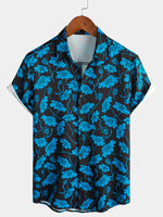 Men's Floral Beach Hoilday Blue and Black Button Up Summer Short Sleeve Shirt