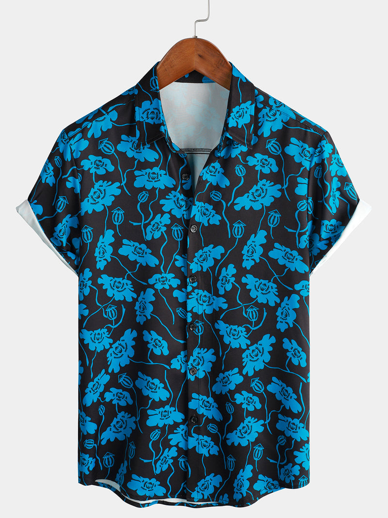 Men's Floral Beach Hoilday Blue and Black Button Up Summer Short Sleeve Shirt