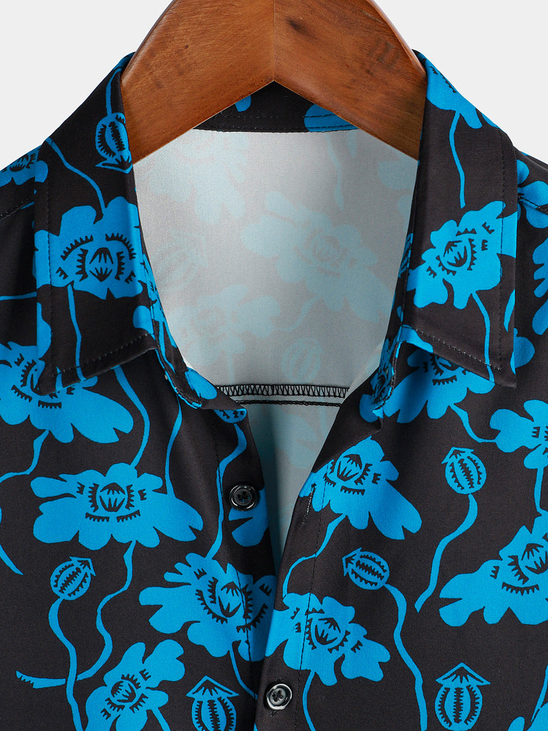 Men's Floral Beach Hoilday Blue and Black Button Up Summer Short Sleeve Shirt