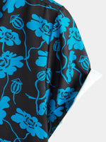 Men's Floral Beach Hoilday Blue and Black Button Up Summer Short Sleeve Shirt
