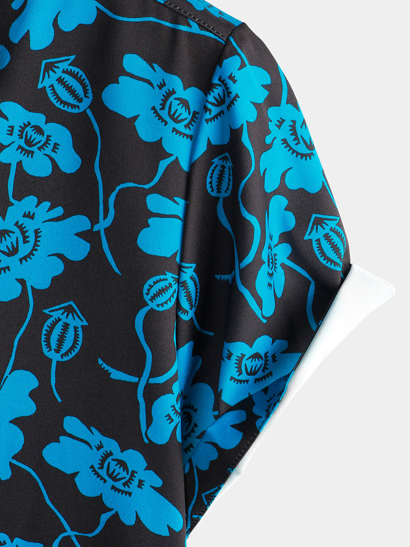 Men's Floral Beach Hoilday Blue and Black Button Up Summer Short Sleeve Shirt