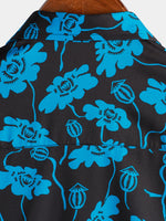 Men's Floral Beach Hoilday Blue and Black Button Up Summer Short Sleeve Shirt