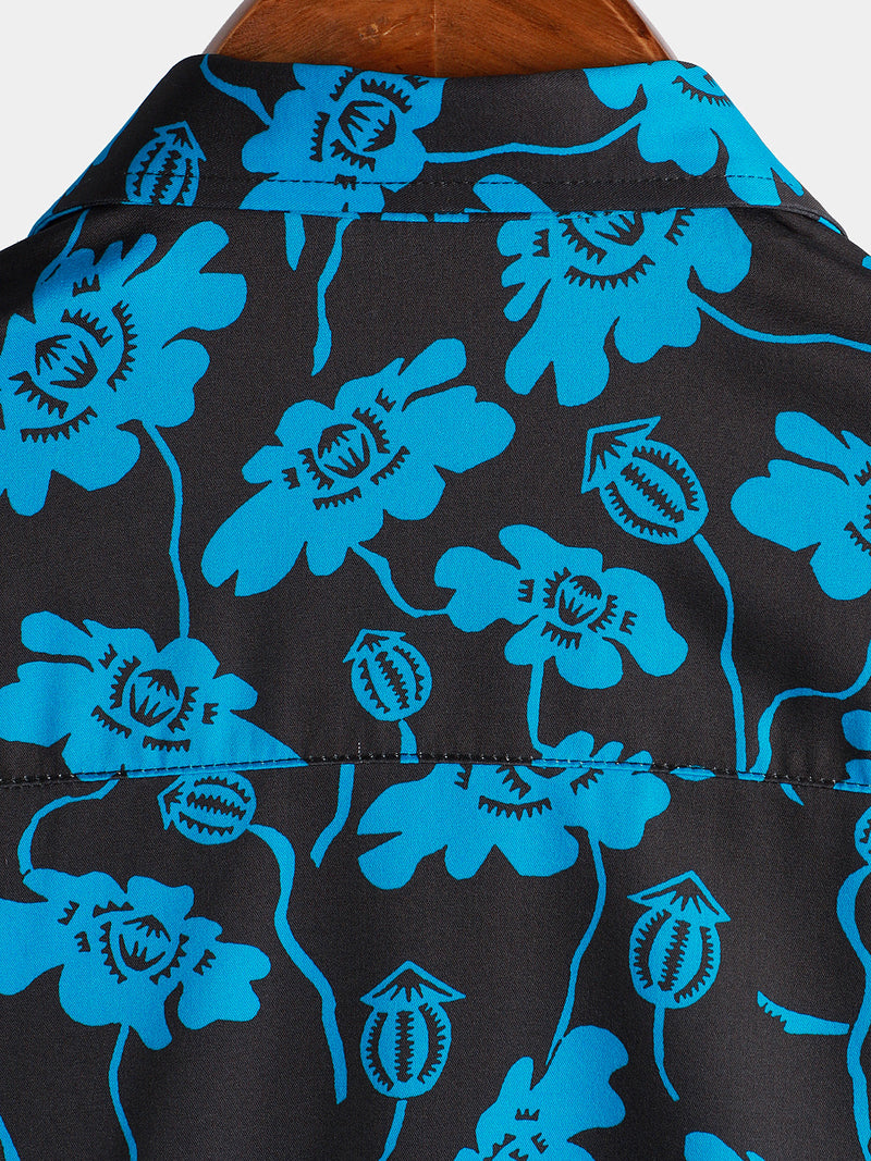 Men's Floral Beach Hoilday Blue and Black Button Up Summer Short Sleeve Shirt