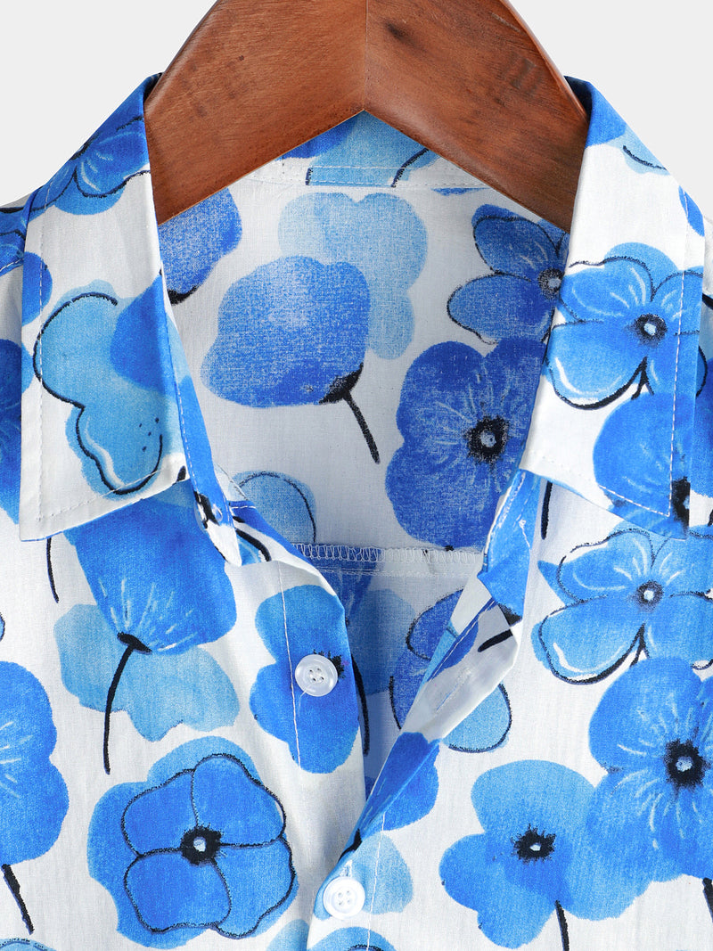 Men's Blue Floral Summer Cotton Button Up Breathable Short Sleeve Shirt