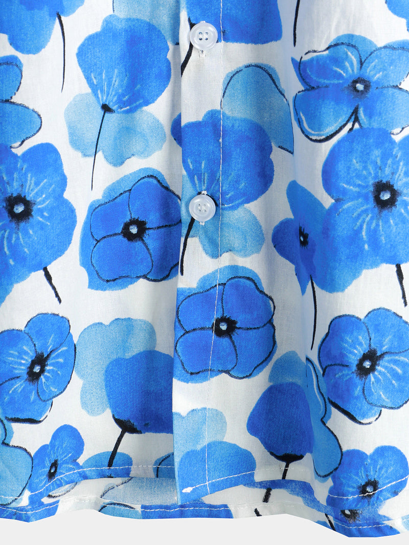 Men's Blue Floral Summer Cotton Button Up Breathable Short Sleeve Shirt