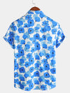 Men's Blue Floral Summer Cotton Button Up Breathable Short Sleeve Shirt