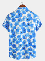 Men's Blue Floral Summer Cotton Button Up Breathable Short Sleeve Shirt