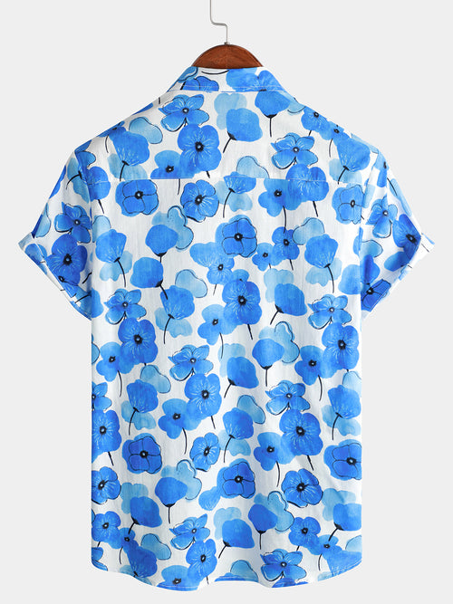 Men's Blue Floral Summer Cotton Button Up Breathable Short Sleeve Shirt