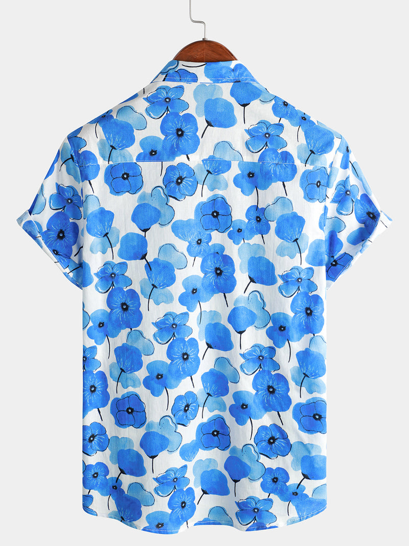 Men's Blue Floral Summer Cotton Button Up Breathable Short Sleeve Shirt