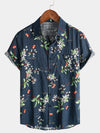 Men's Summer Tropical Floral Print Camp Pocket Navy Blue Button Up Short Sleeve Shirt