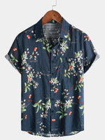 Men's Summer Tropical Floral Print Camp Pocket Navy Blue Button Up Short Sleeve Shirt