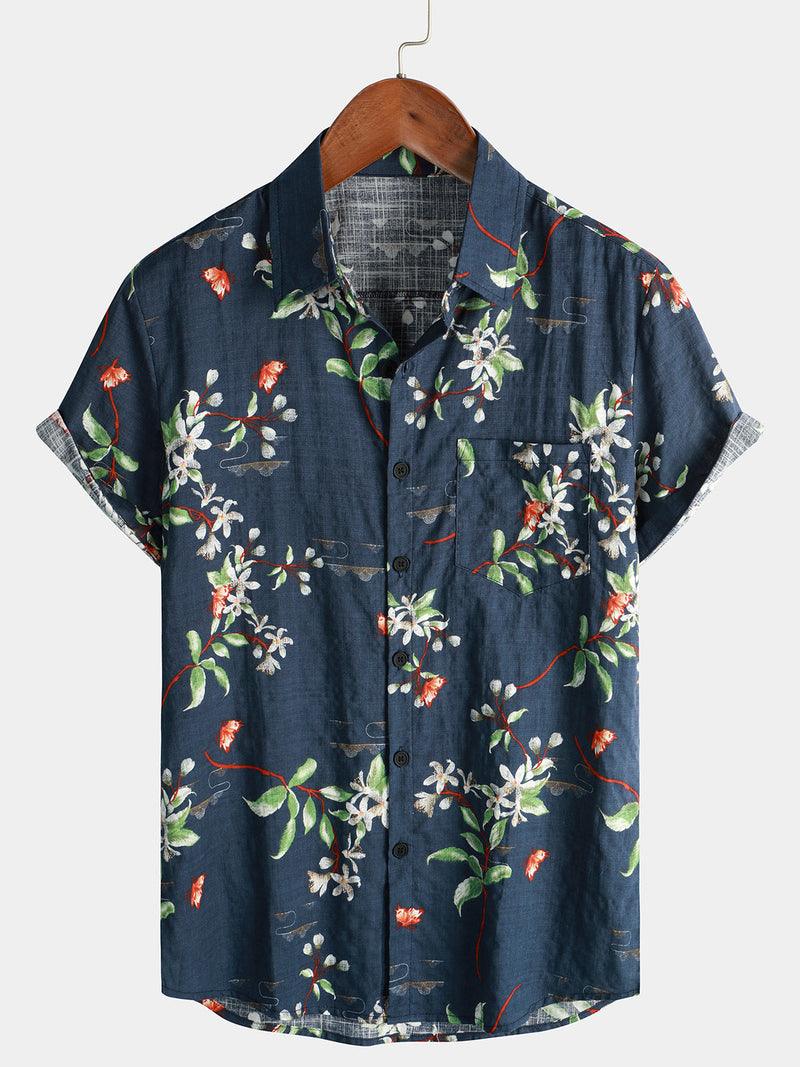 Men's Summer Tropical Floral Print Camp Pocket Navy Blue Button Up Short Sleeve Shirt