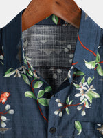 Men's Summer Tropical Floral Print Camp Pocket Navy Blue Button Up Short Sleeve Shirt