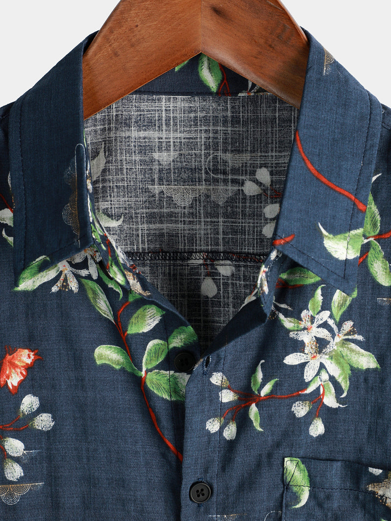 Men's Summer Tropical Floral Print Camp Pocket Navy Blue Button Up Short Sleeve Shirt