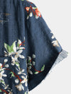 Men's Summer Tropical Floral Print Camp Pocket Navy Blue Button Up Short Sleeve Shirt