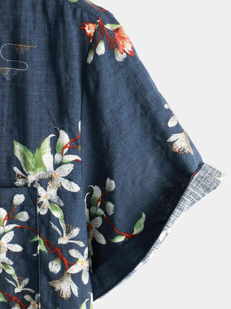 Men's Summer Tropical Floral Print Camp Pocket Navy Blue Button Up Short Sleeve Shirt