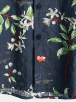 Men's Summer Tropical Floral Print Camp Pocket Navy Blue Button Up Short Sleeve Shirt