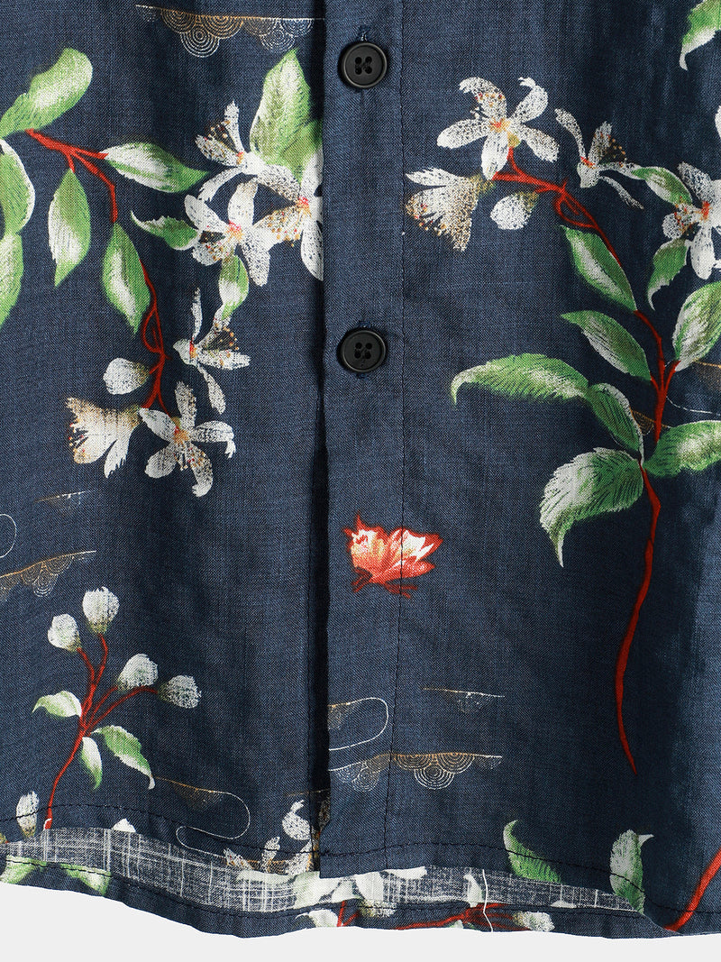 Men's Summer Tropical Floral Print Camp Pocket Navy Blue Button Up Short Sleeve Shirt