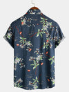 Men's Summer Tropical Floral Print Camp Pocket Navy Blue Button Up Short Sleeve Shirt